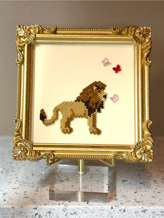 Hand Crafted Other - Framed beaded lion with crystal butterflies - safari or nursery decor